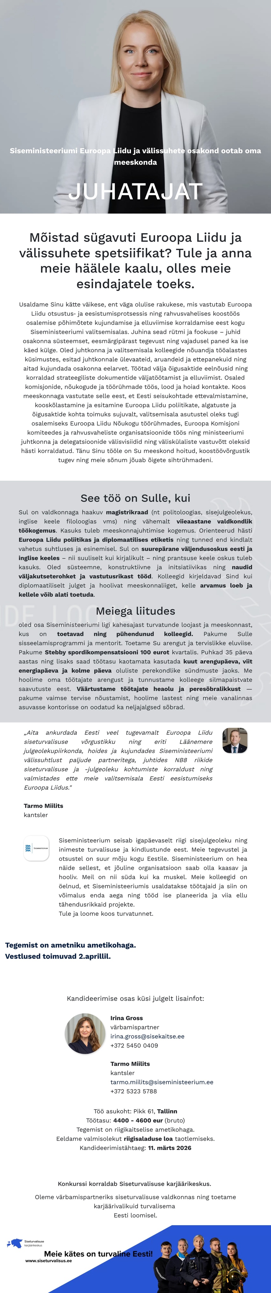Siseturvalisuse karjäärikeskus Euroopa Liidu ja välissuhete osakonna juhataja