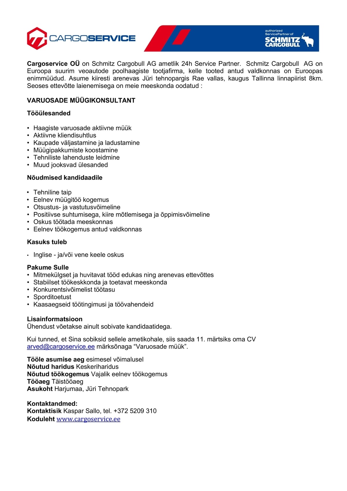 Cargoservice OÜ VARUOSADE MÜÜGIKONSULTANT