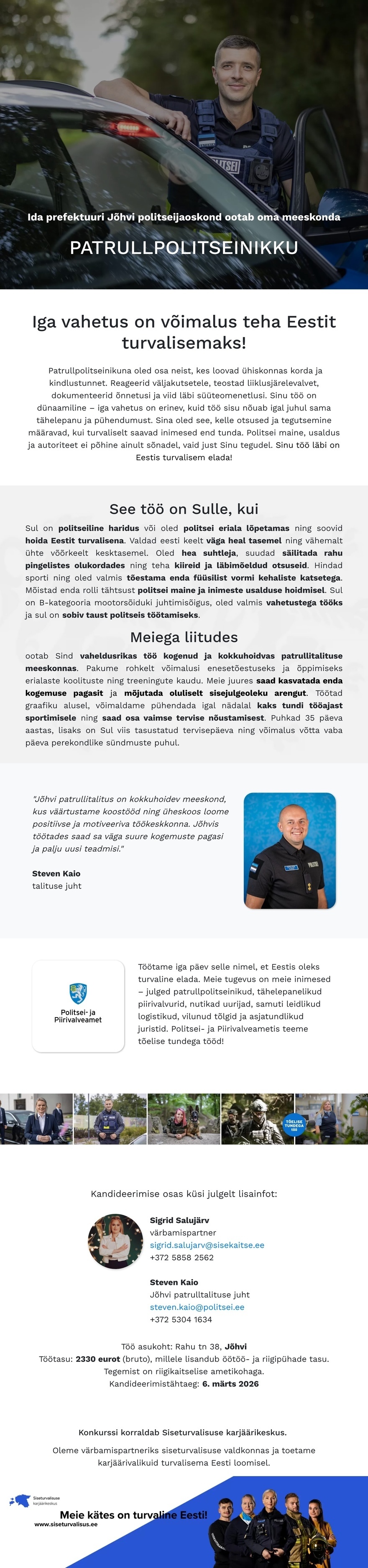 Siseturvalisuse karjäärikeskus Jõhvi patrullpolitseinik