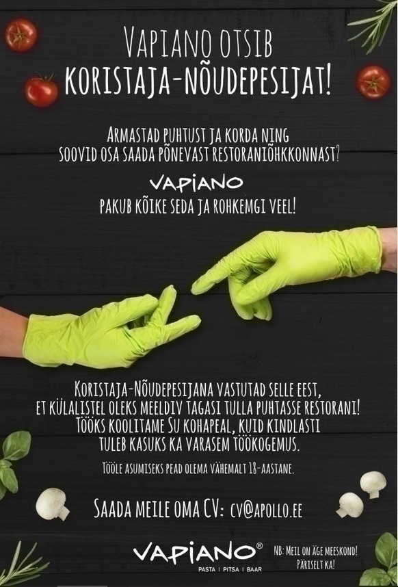 Vapi People OÜ SOLARIS VAPIANO kutsub oma tiimi osalise koormusega NÕUDEPESIJAT!