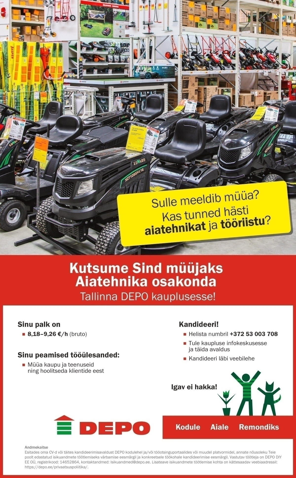 DEPO DIY EE OÜ Aiatehnika osakonna müüja, Veerenni (Veskiposti 1)