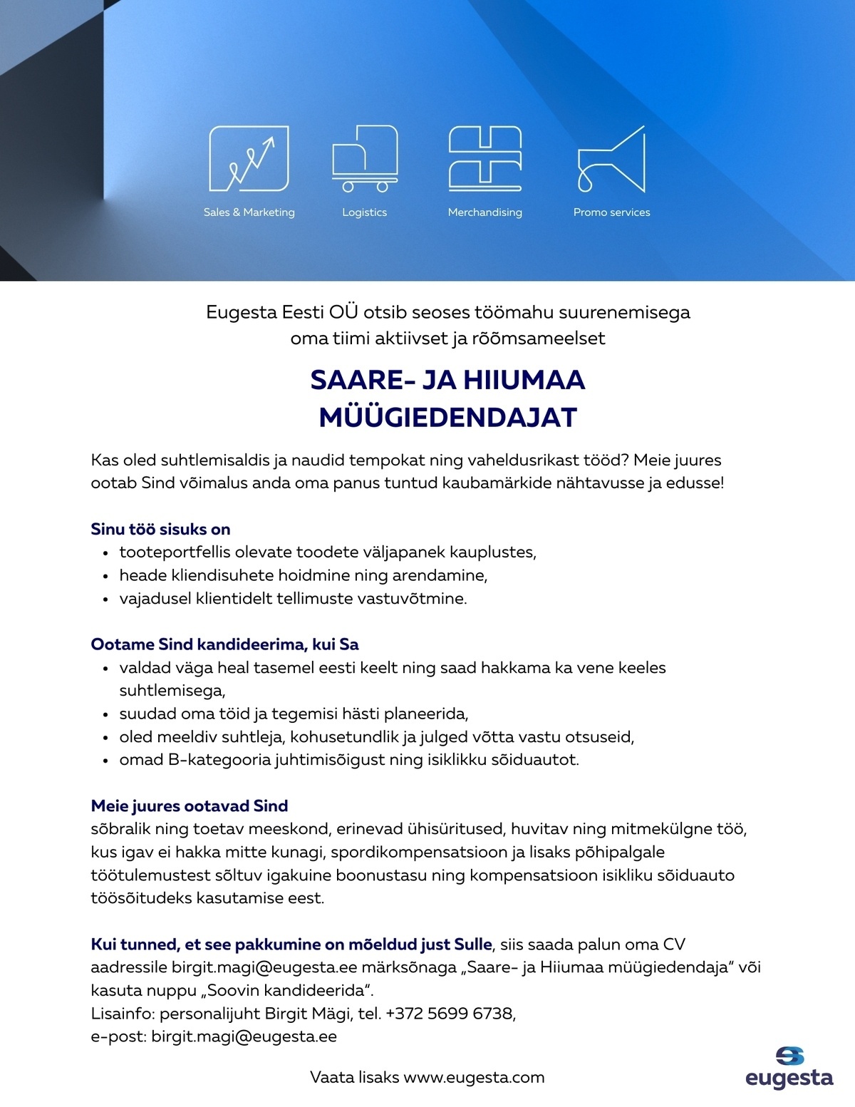 Eugesta Eesti OÜ Saare- ja Hiiumaa müügiedendaja