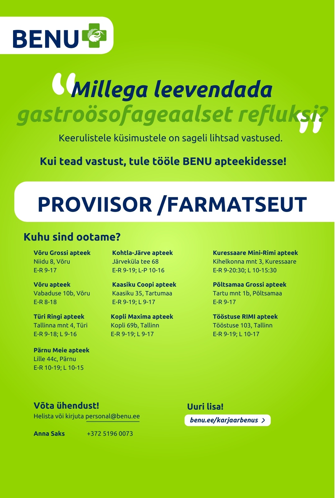 BENU Apteegid Proviisor/farmatseut BENU apteekidesse