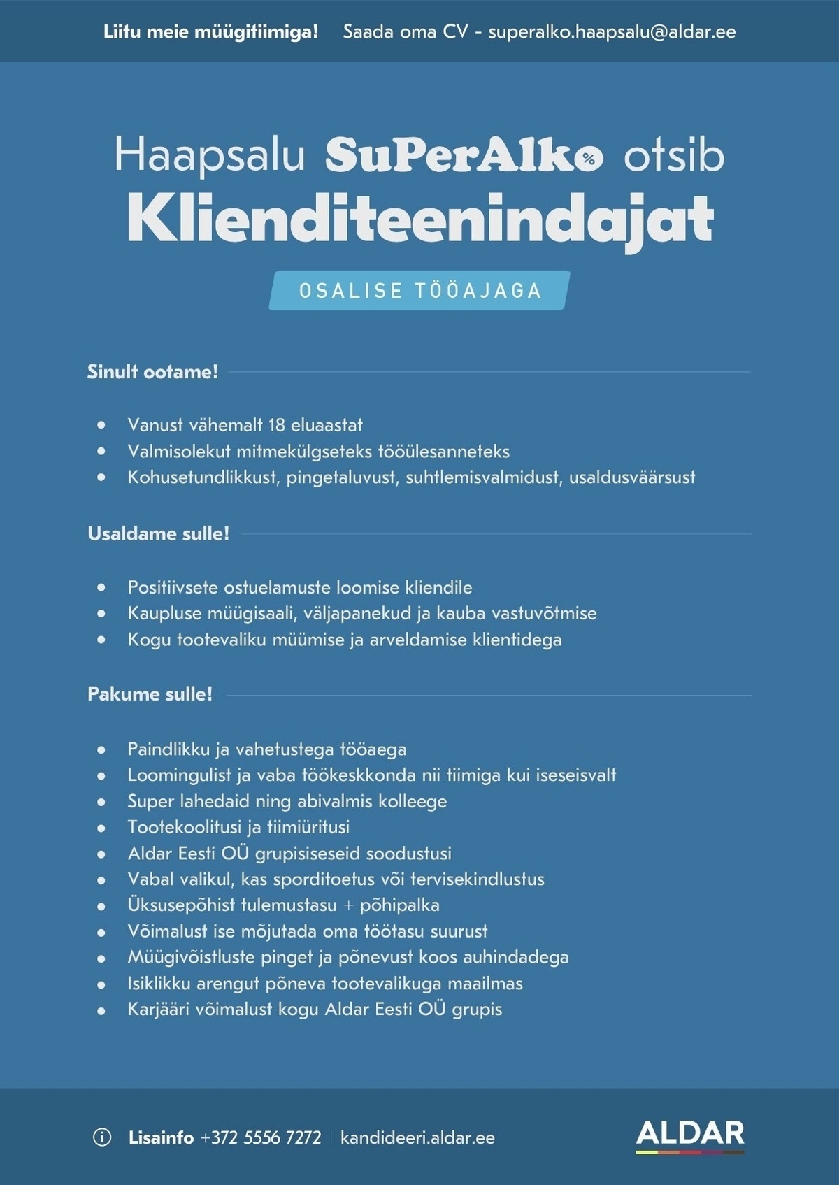 Aldar Eesti OÜ Klienditeenindaja Haapsalu SuperAlkosse - osalise tööajaga