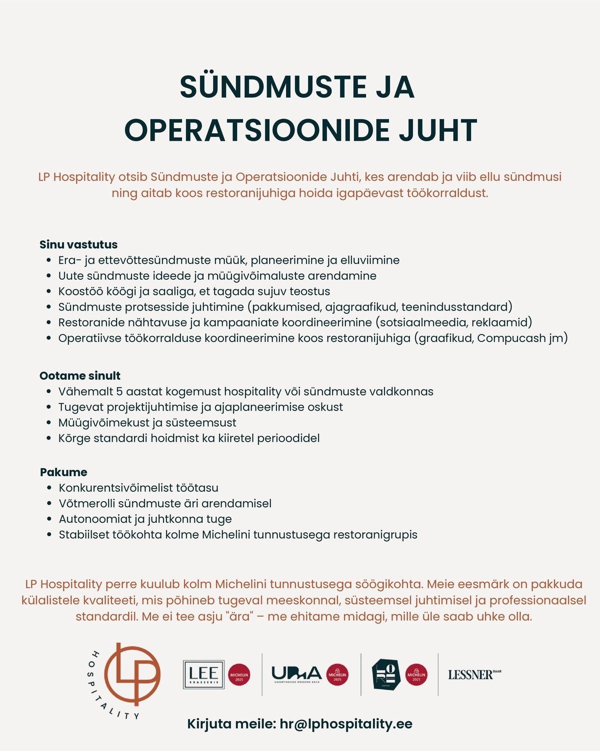 LP Hospitality SÜNDMUSTE JA OPERATSIOONIDE JUHT