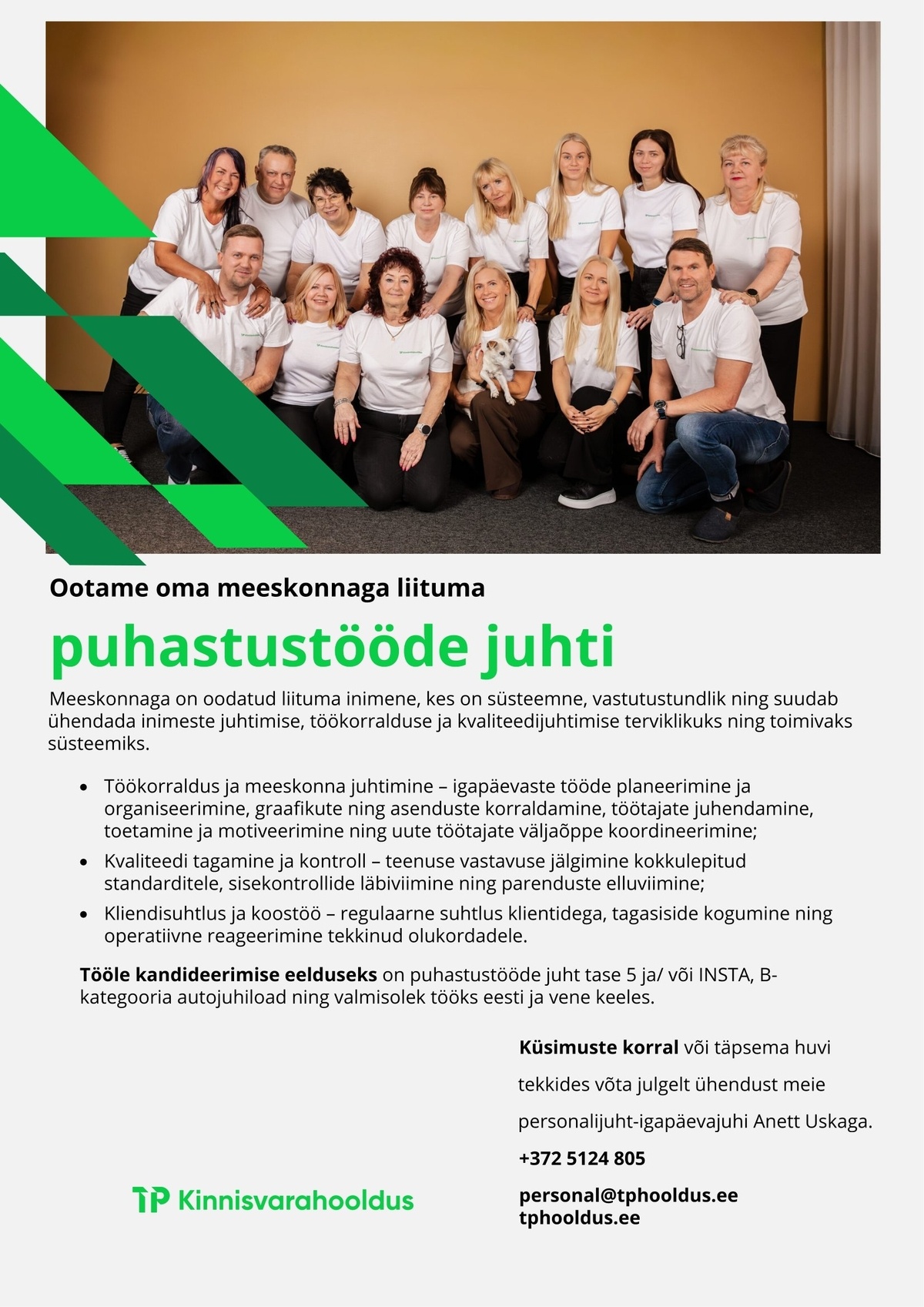 TP Kinnisvarahooldus OÜ Puhastustööde juht