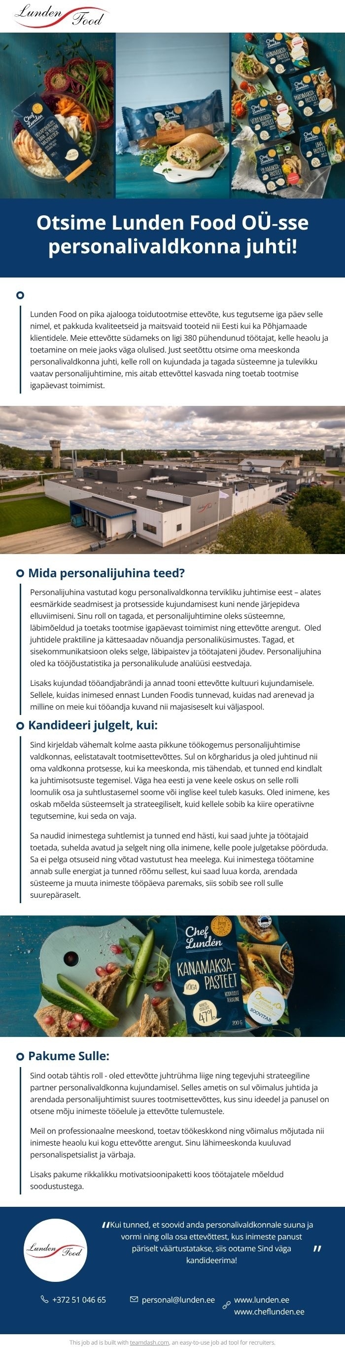Lunden Food OÜ Personalijuht