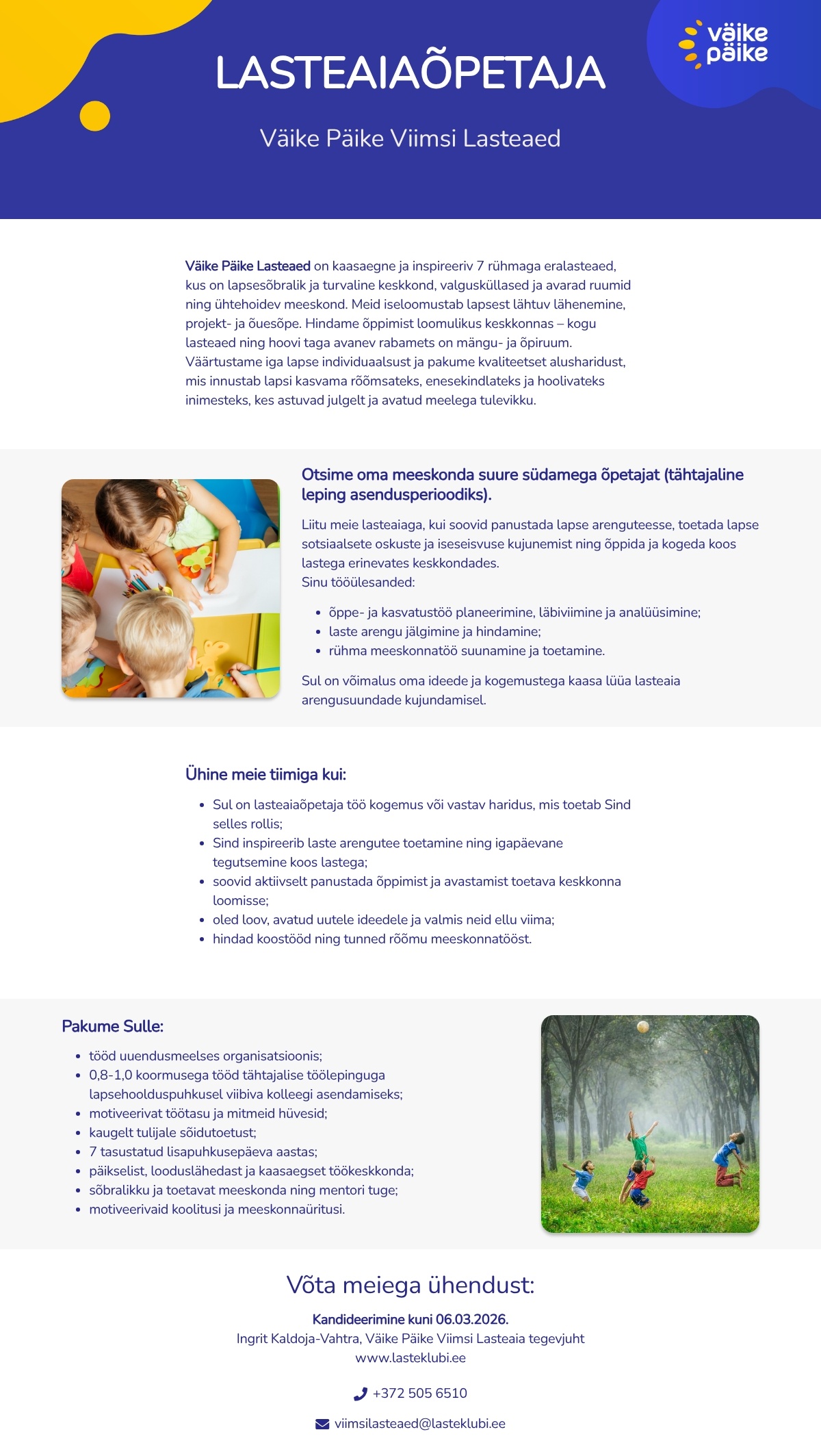 Väike Päike Viimsi Lasteaed Lasteaiaõpetaja