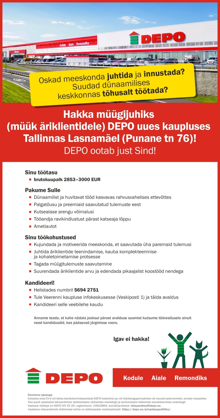 DEPO DIY EE OÜ Äriklientide teeninduse osakonna müüja, Lasnamäe (Punane tn 76)