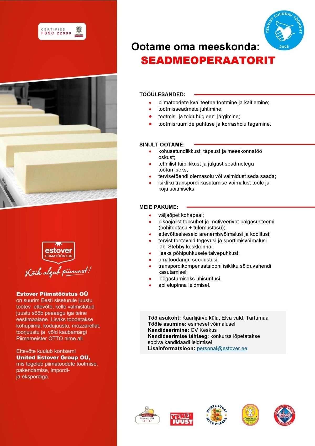 Estover Piimatööstus OÜ SEADMEOPERAATOR