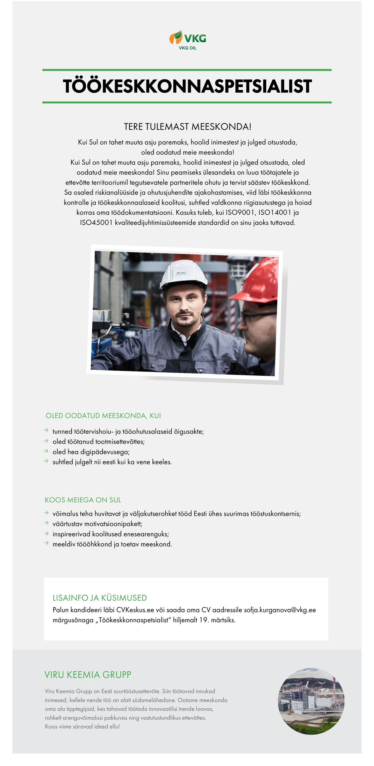 Viru Keemia Grupp AS TÖÖKESKKONNASPETSIALIST