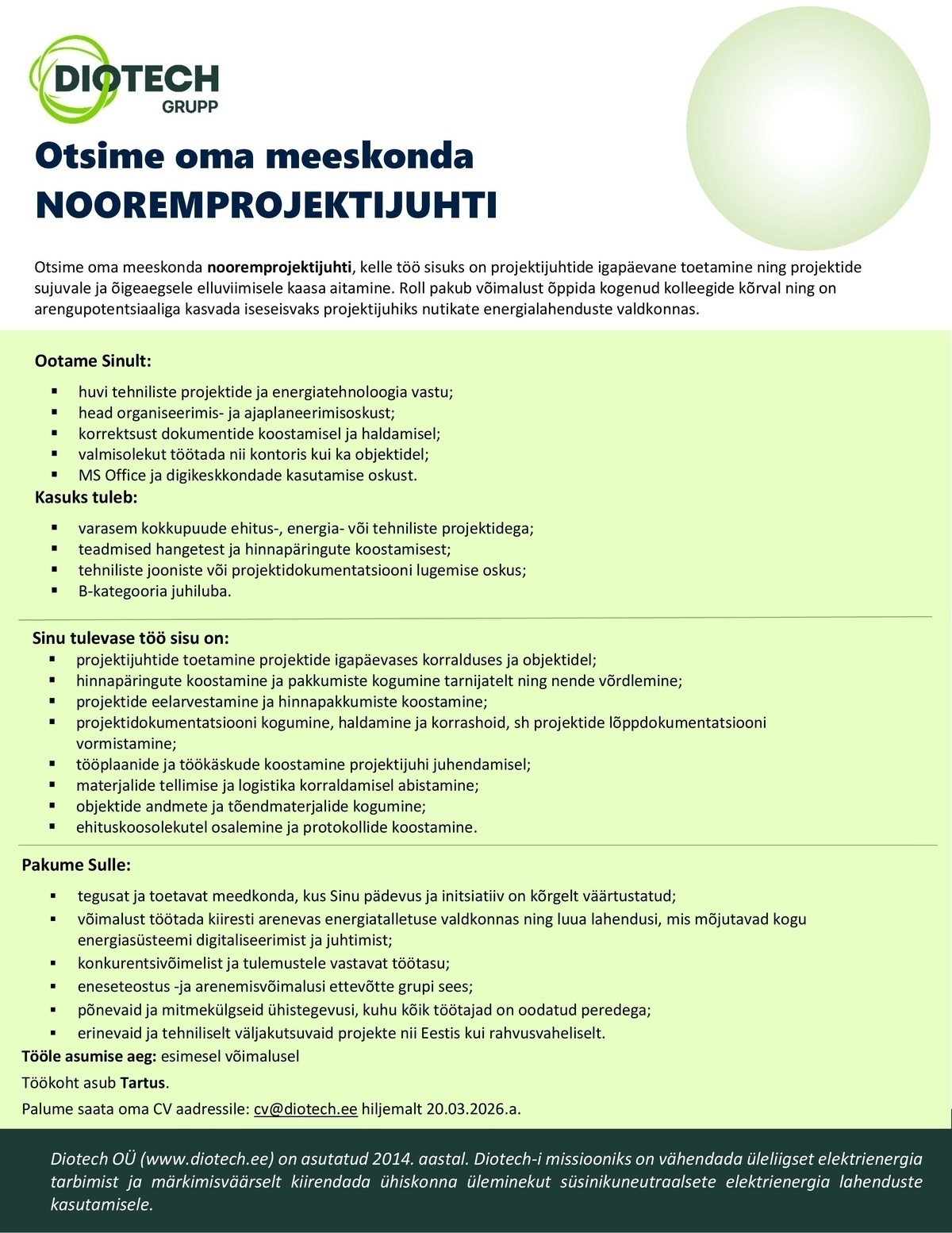 Diotech OÜ Nooremprojektijuht