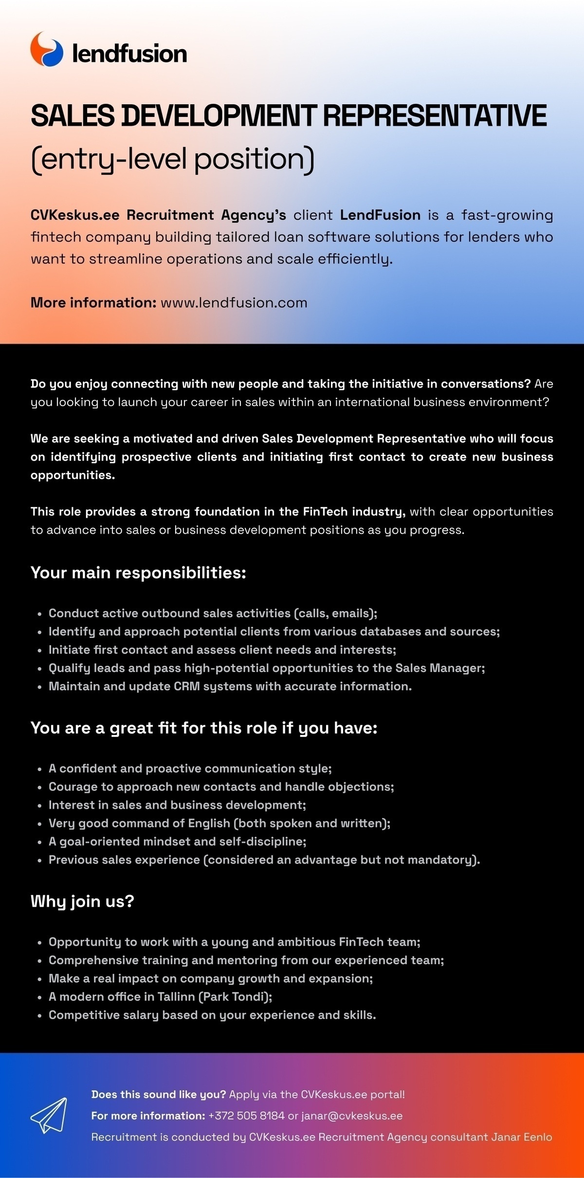 Lendfusion OÜ SALES DEVELOPMENT REPRESENTATIVE (entry-level position)