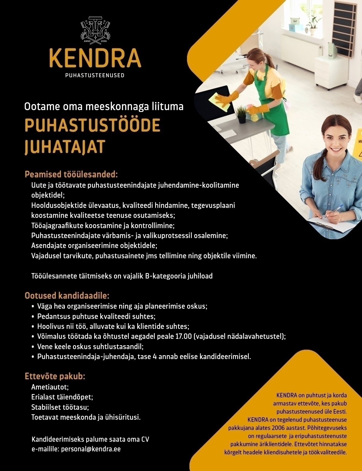 Kendra OÜ Puhastustööde juhataja