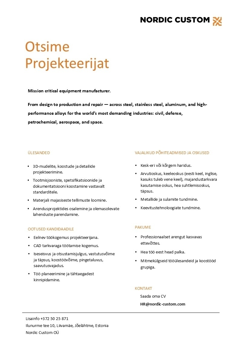 NORDIC CUSTOM OÜ Projekteerija