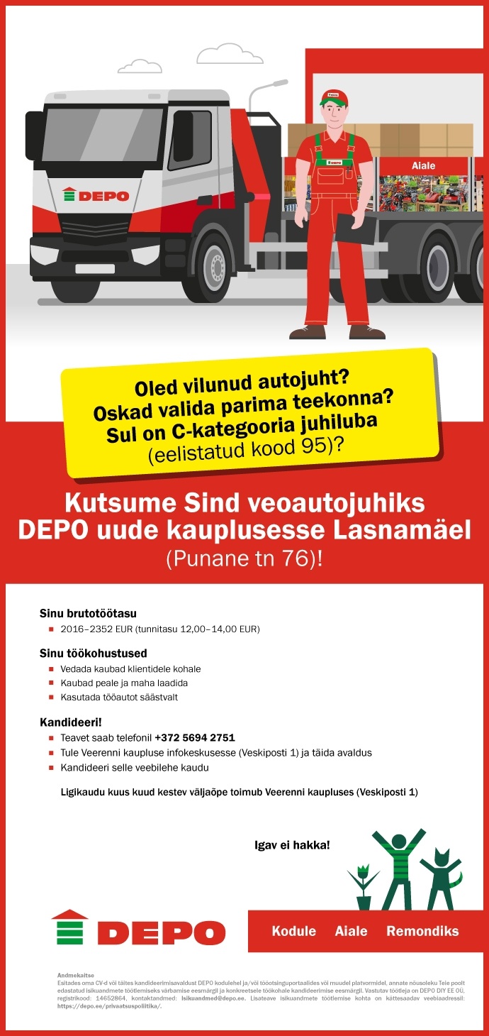 DEPO DIY EE OÜ Veoautojuht, Lasnamäe (Punane tn 76)