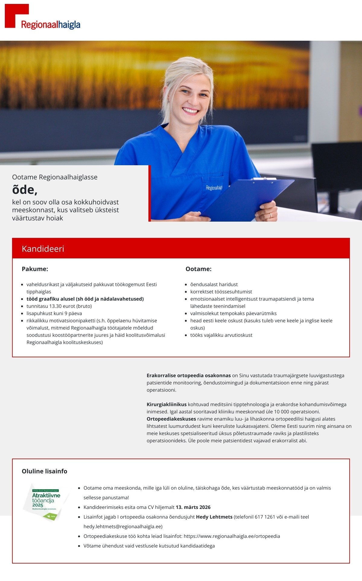 Põhja-Eesti Regionaalhaigla Õde I ortopeedia osakonda