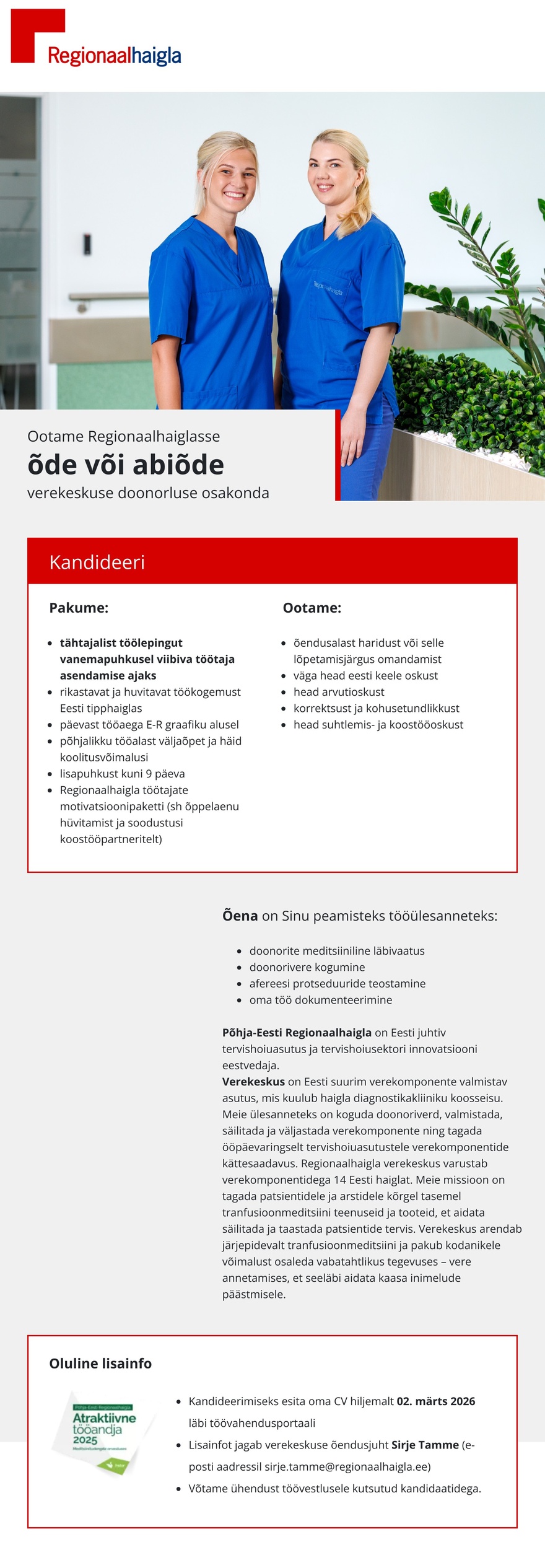 Põhja-Eesti Regionaalhaigla Õde või abiõde verekeskuse doonorluse osakonda