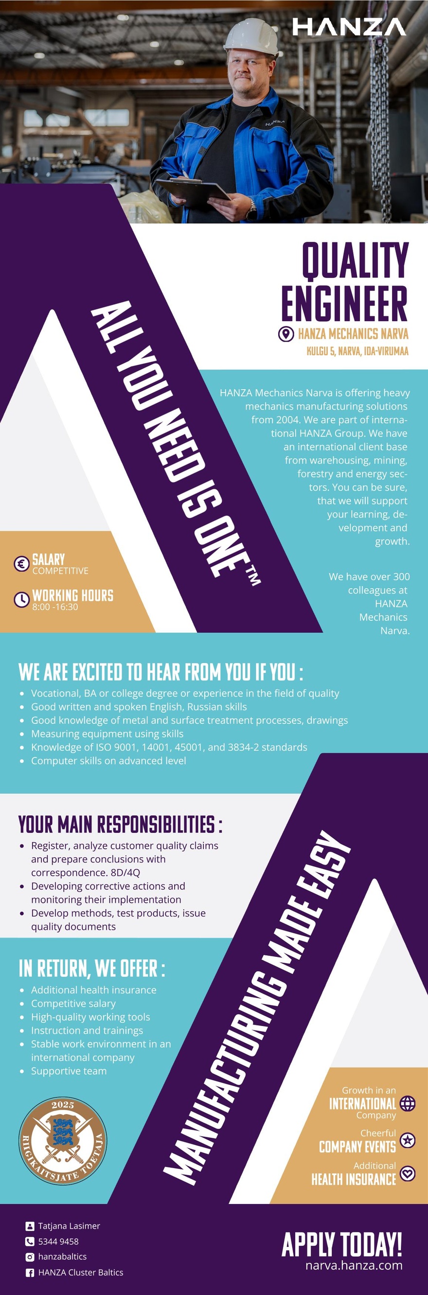 HANZA Mechanics Narva AS Quality Engineer