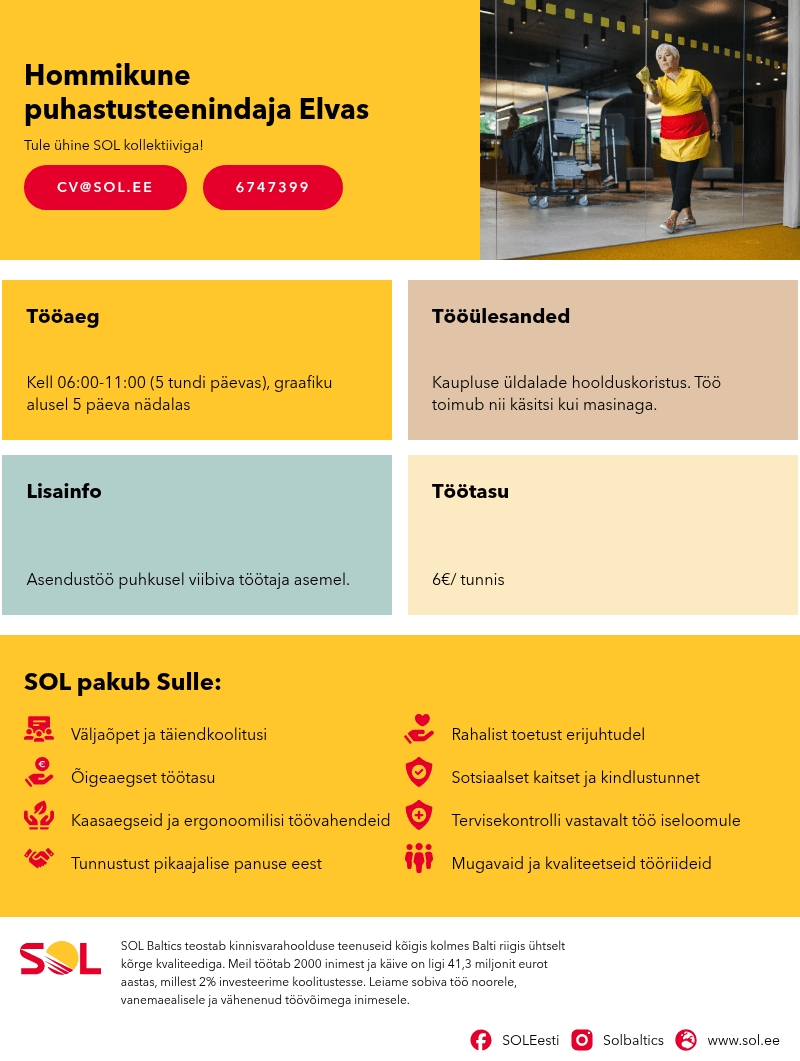 SOL Baltics OÜ Hommikune puhastusteenindaja Elvas
