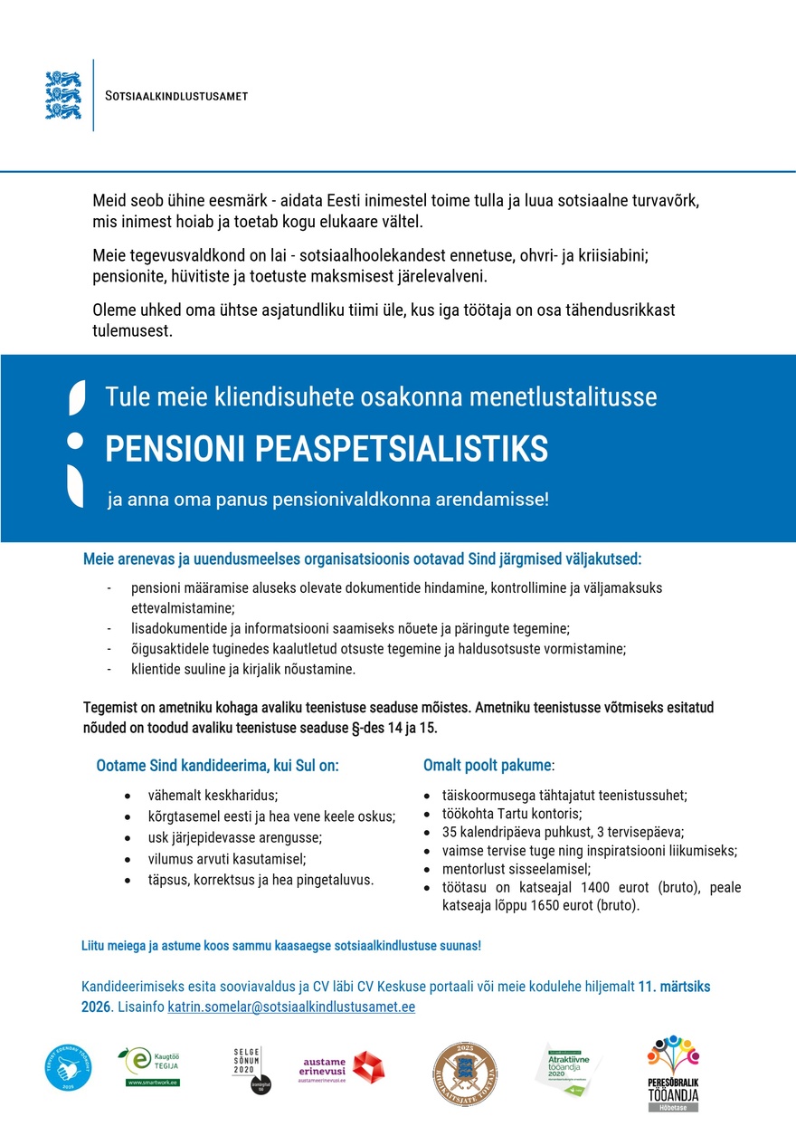 Sotsiaalkindlustusamet Pensioni peaspetsialist