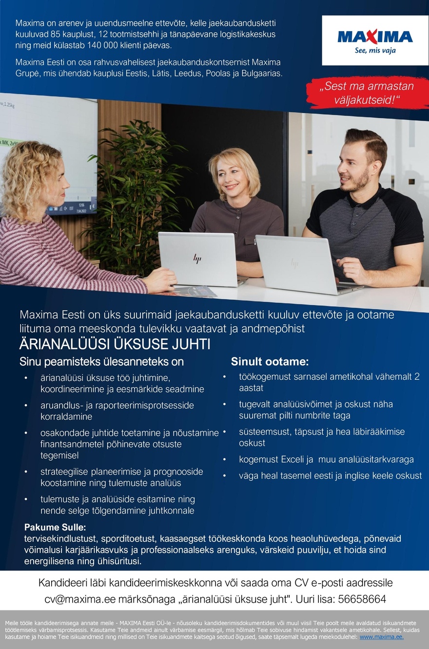 Maxima Eesti OÜ Ärianalüüsi üksuse juht
