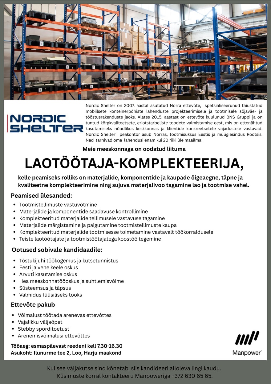 Manpower OÜ Laotöötaja - Komplekteerija
