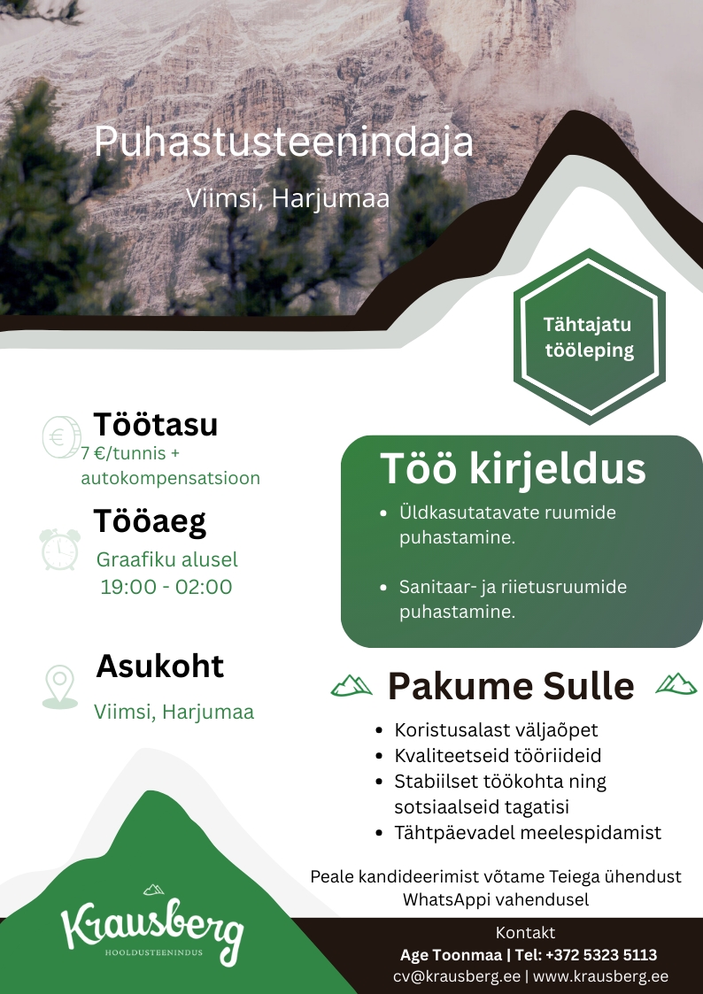 Krausberg Eesti OÜ Puhastusteenindaja, Viimsi (õhtul, osaline tööaaeg)