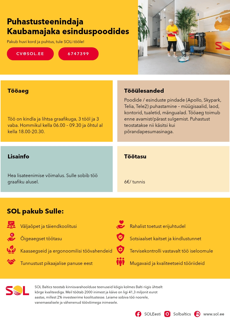 SOL Baltics OÜ Puhastusteenindaja Kaubamajaka esinduspoodides