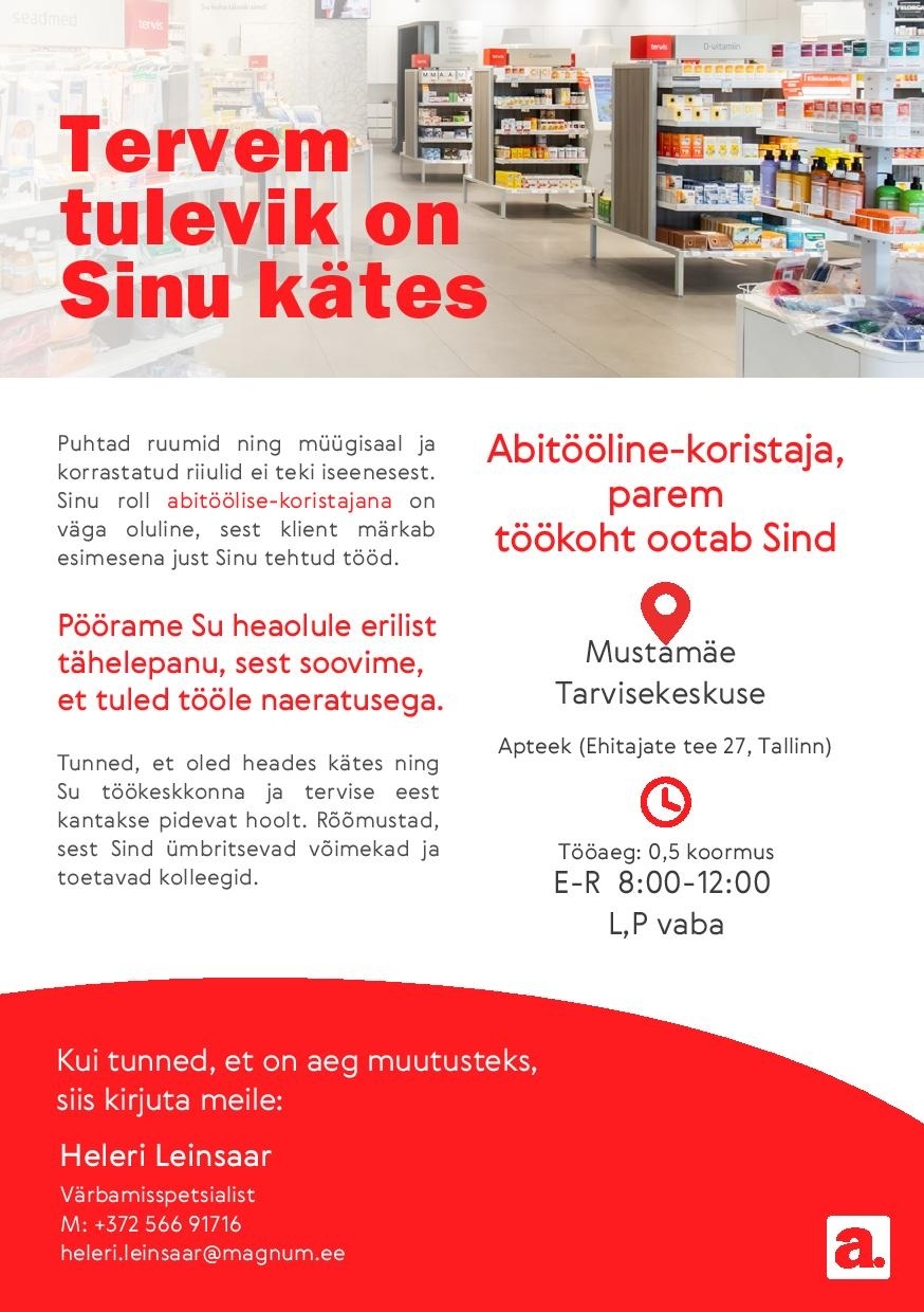 Apotheka Abitööline-koristaja Mustamäe Tervisekeskuse Apotheka Apteeki