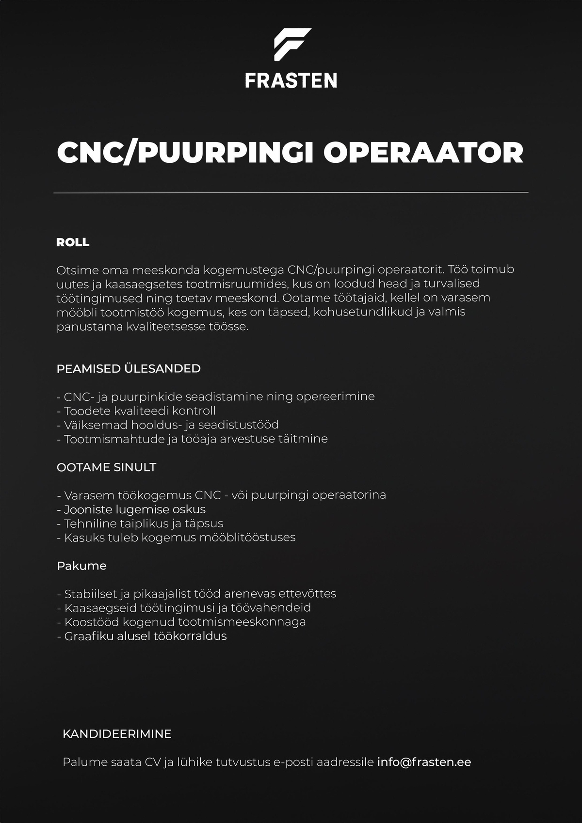 Frasten Northcraft OÜ CNC/puurpingi operaator