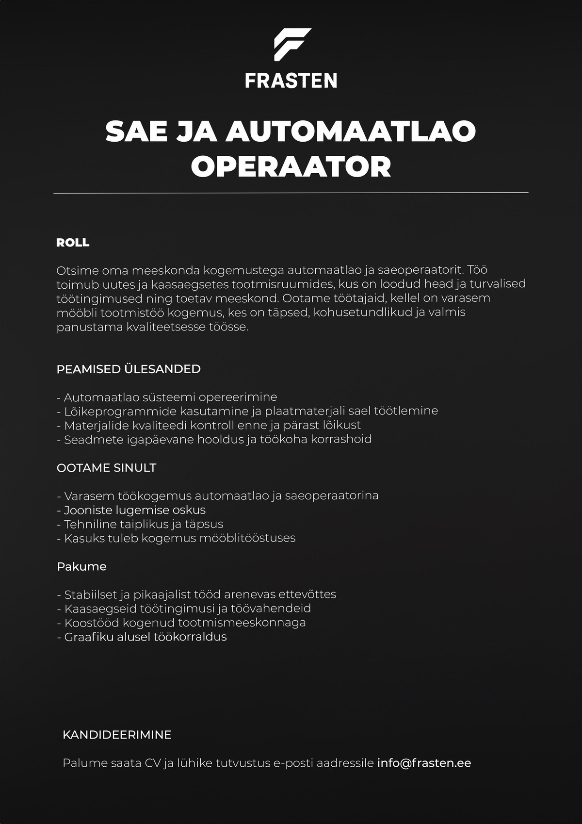 Frasten Northcraft OÜ Sae ja automaatlao operaator