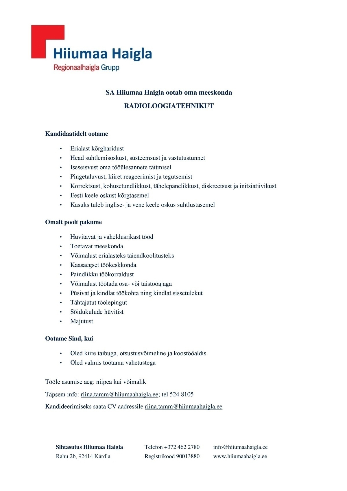 sihtasutus Hiiumaa Haigla Radioloogiatehnik