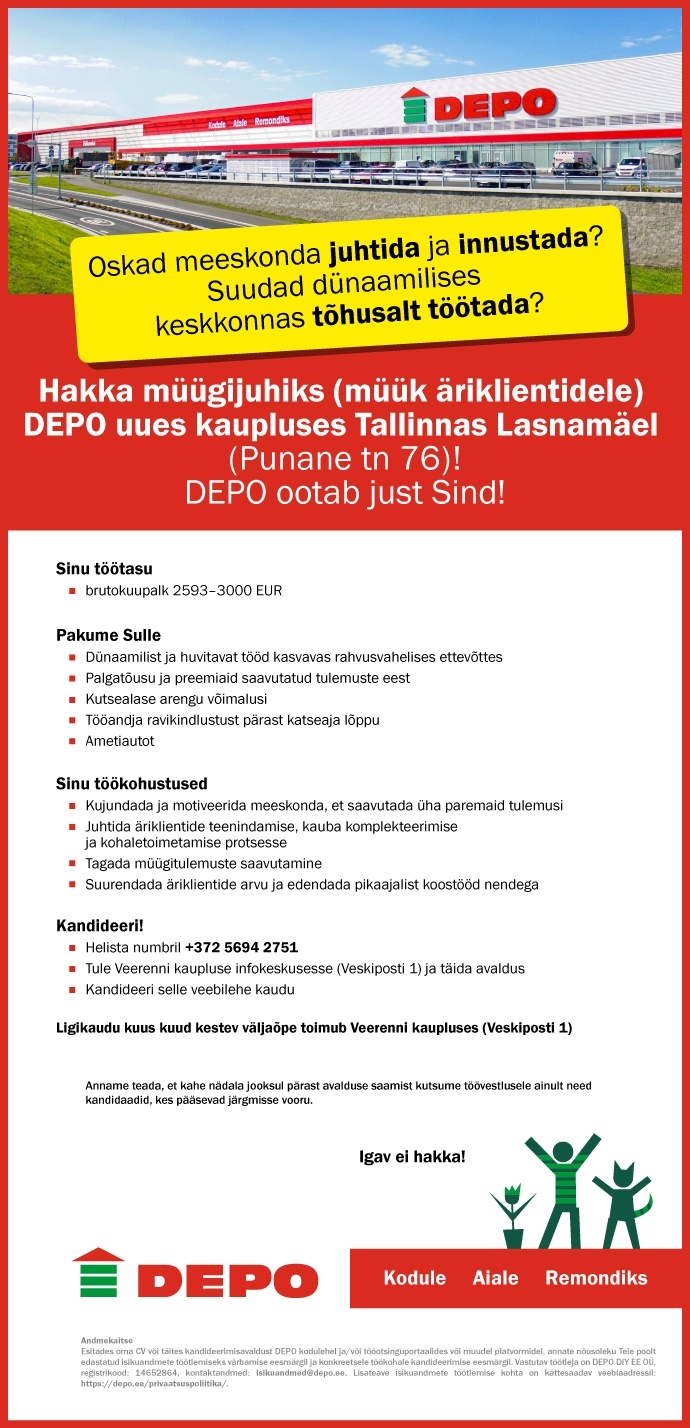 DEPO DIY EE OÜ Müügijuht (müük äriklientidele), Lasnamäe (Punane tn 76)