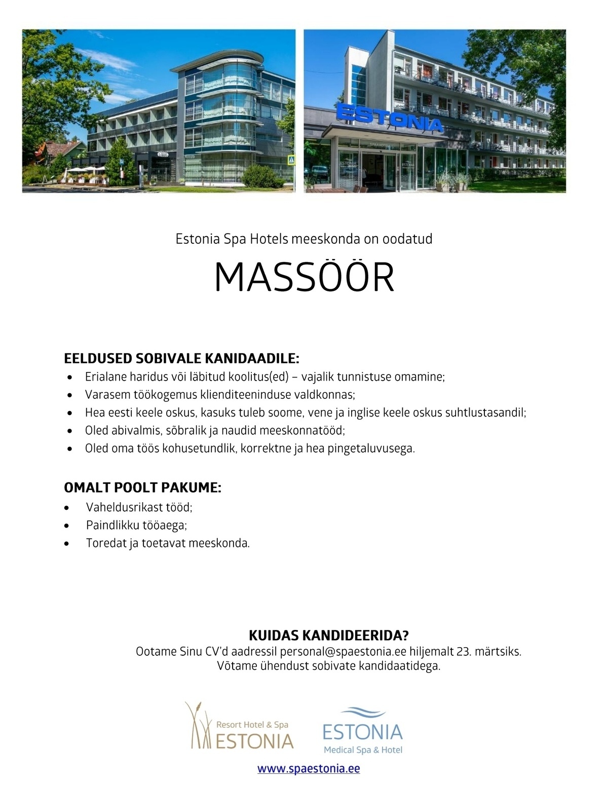Estonia Spa Hotels AS Spaateenindaja- massöör Estonia Spa Hotels´is