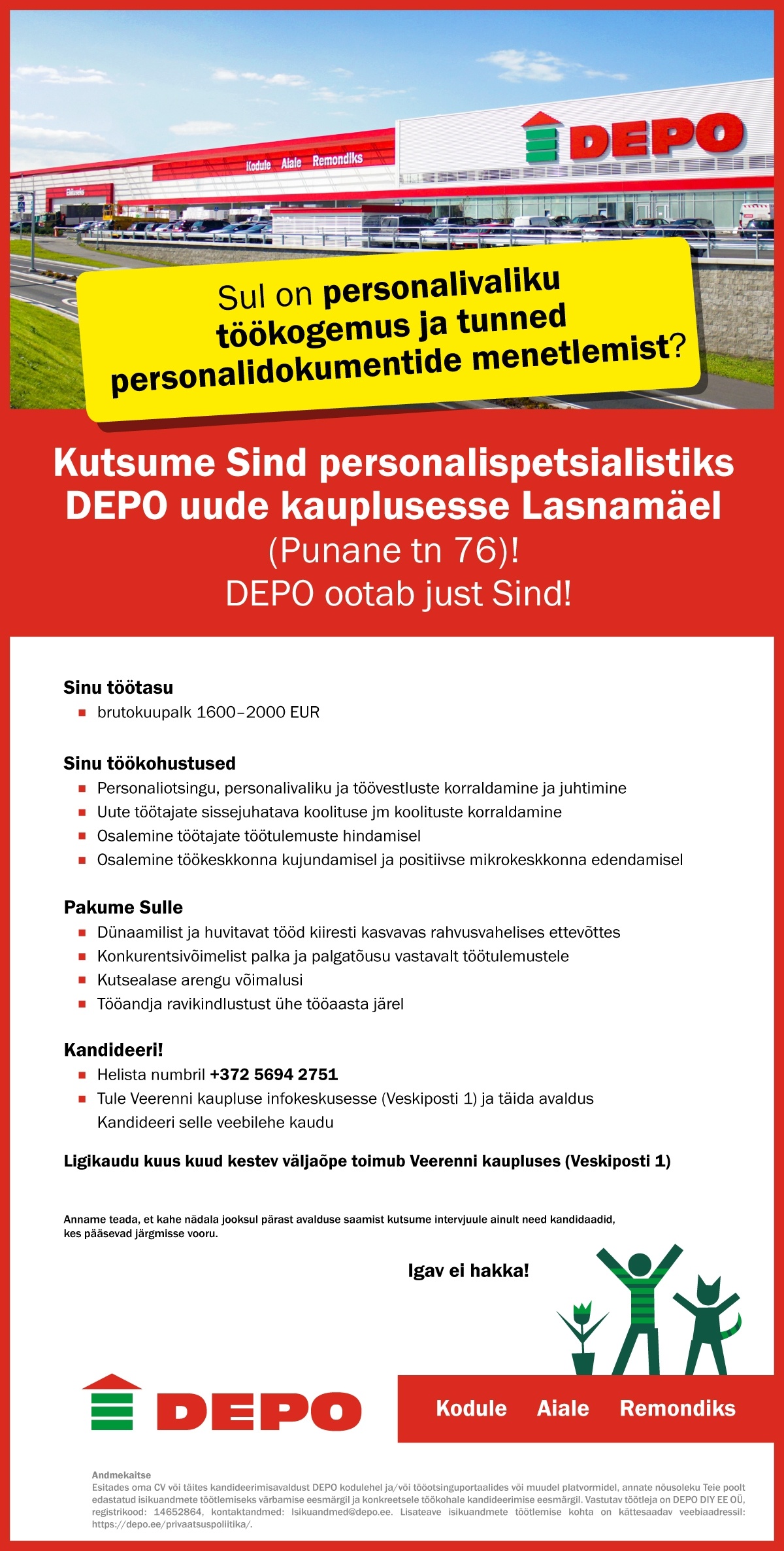 DEPO DIY EE OÜ Kaupluse personalispetsialist, Lasnamäe (Punane tn 76)