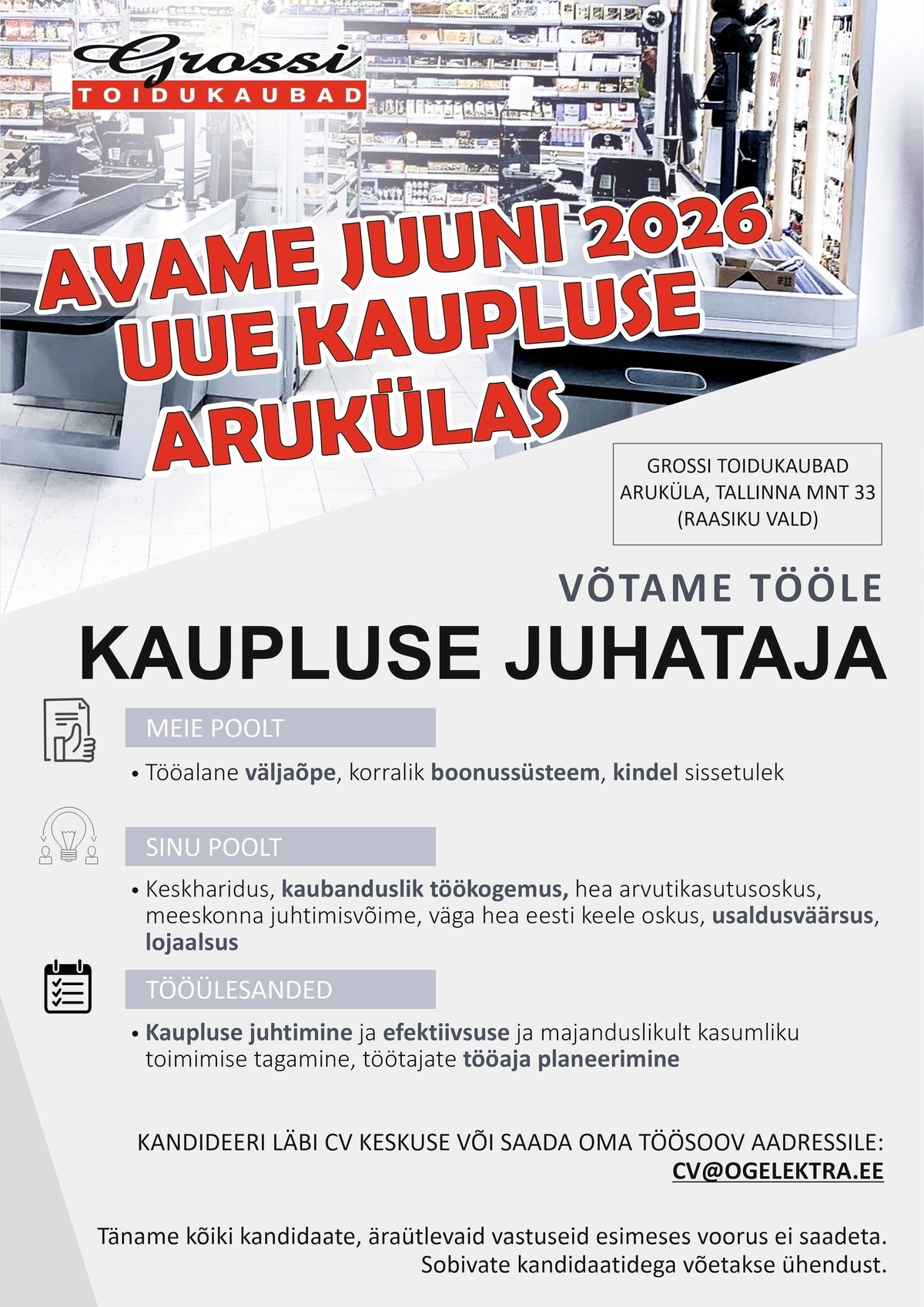 OG Elektra AS Kaupluse juhataja (UUS kauplus Arukülas)