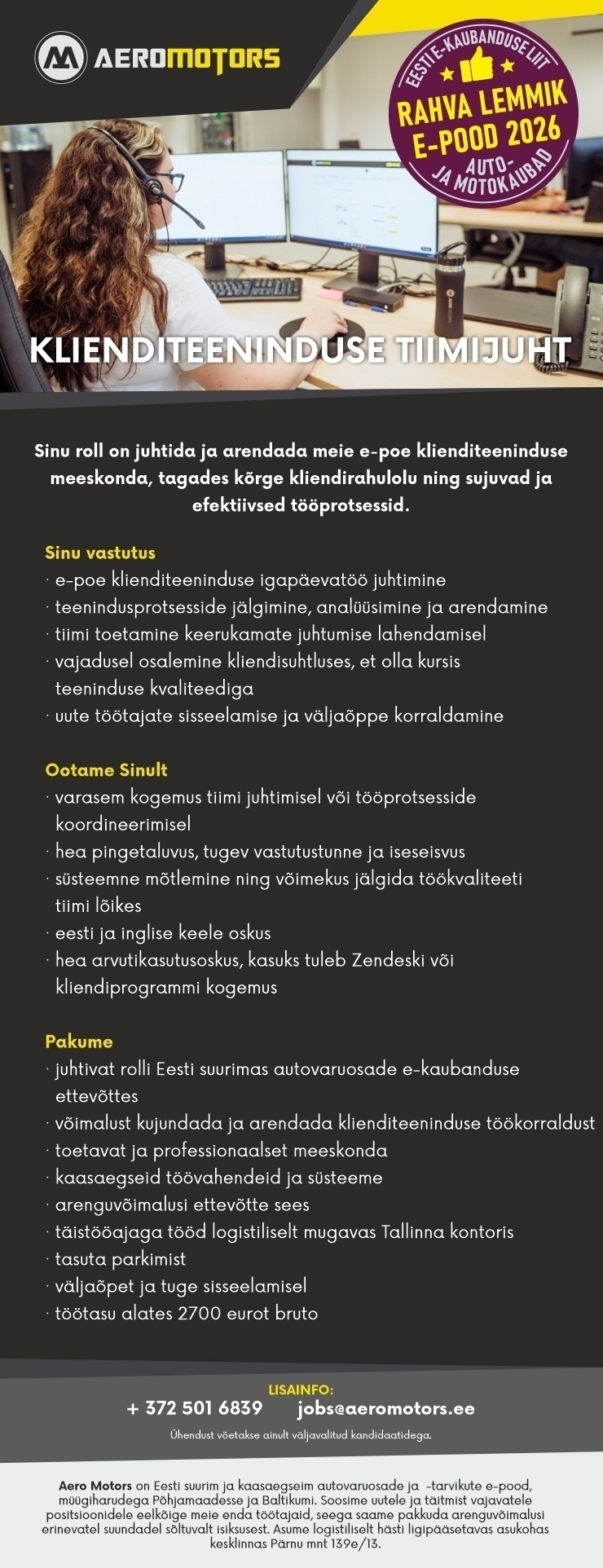 Aero Motors OÜ KLIENDITEENINDUSE TIIMIJUHT