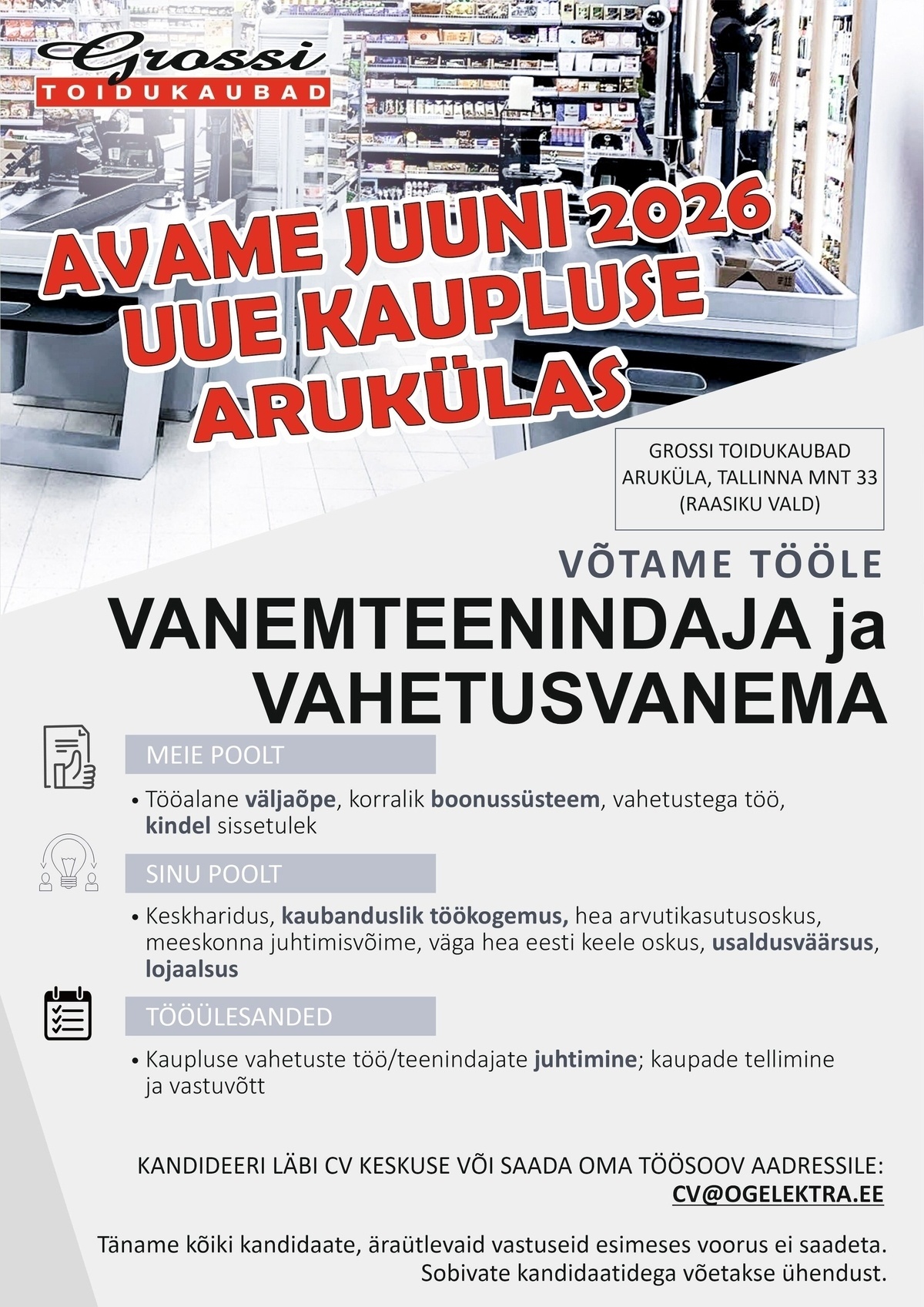 OG Elektra AS Vanemteenindaja ja vahetusvanem (UUS kauplus Arukülas)