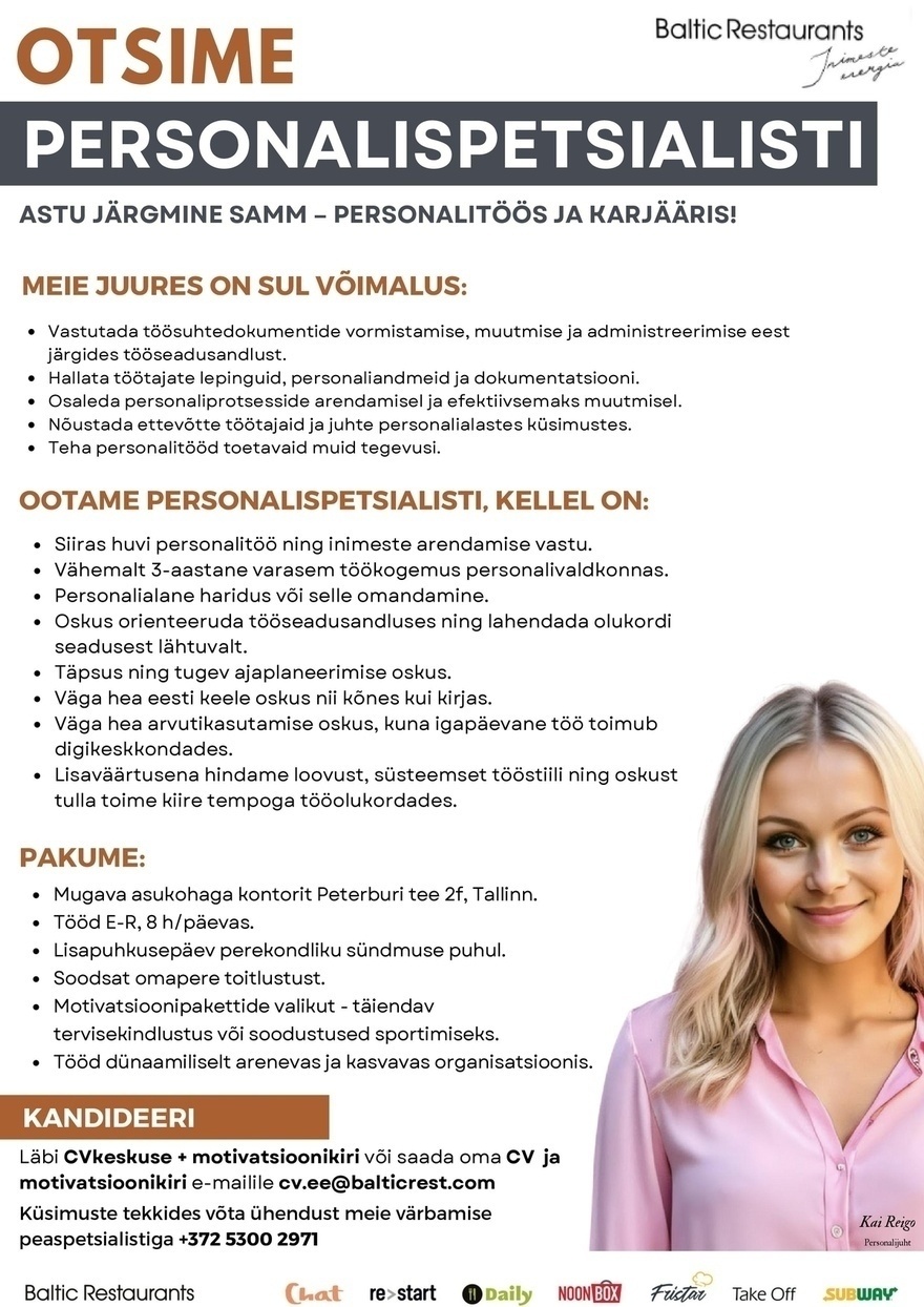 Baltic Restaurants Estonia AS Otsime PERSONALISPETSIALISTI!