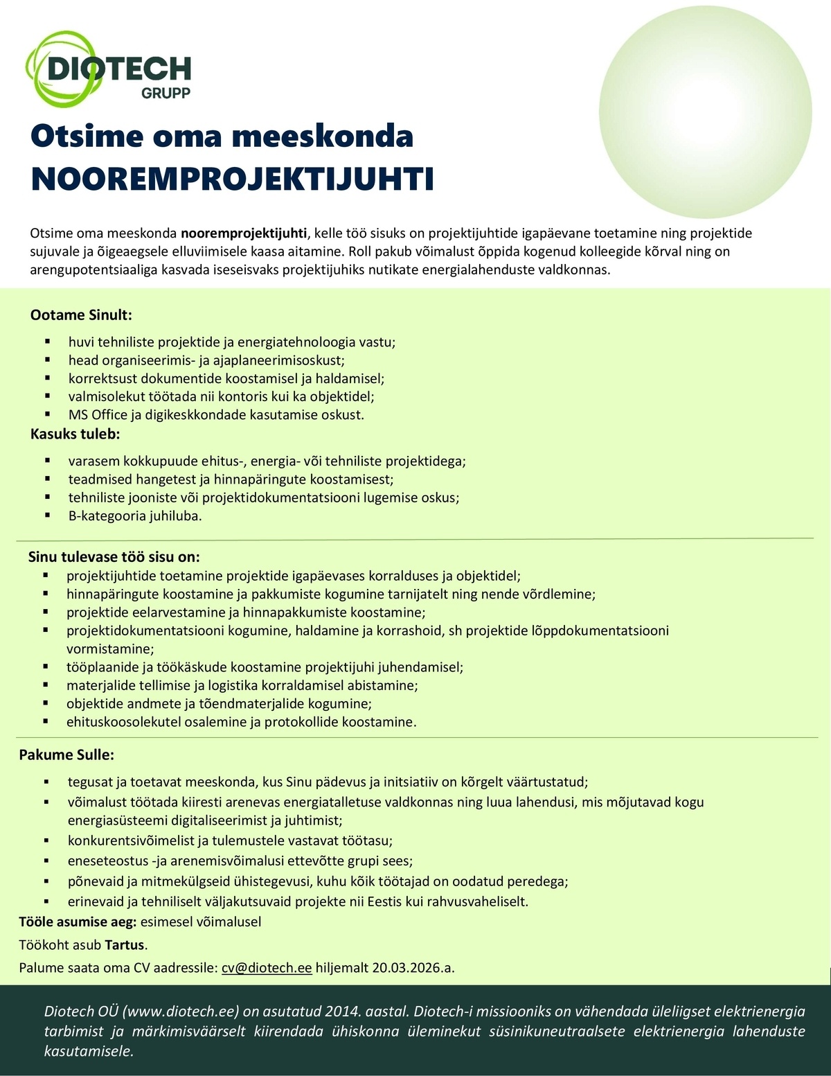 Diotech OÜ Nooremprojektijuht