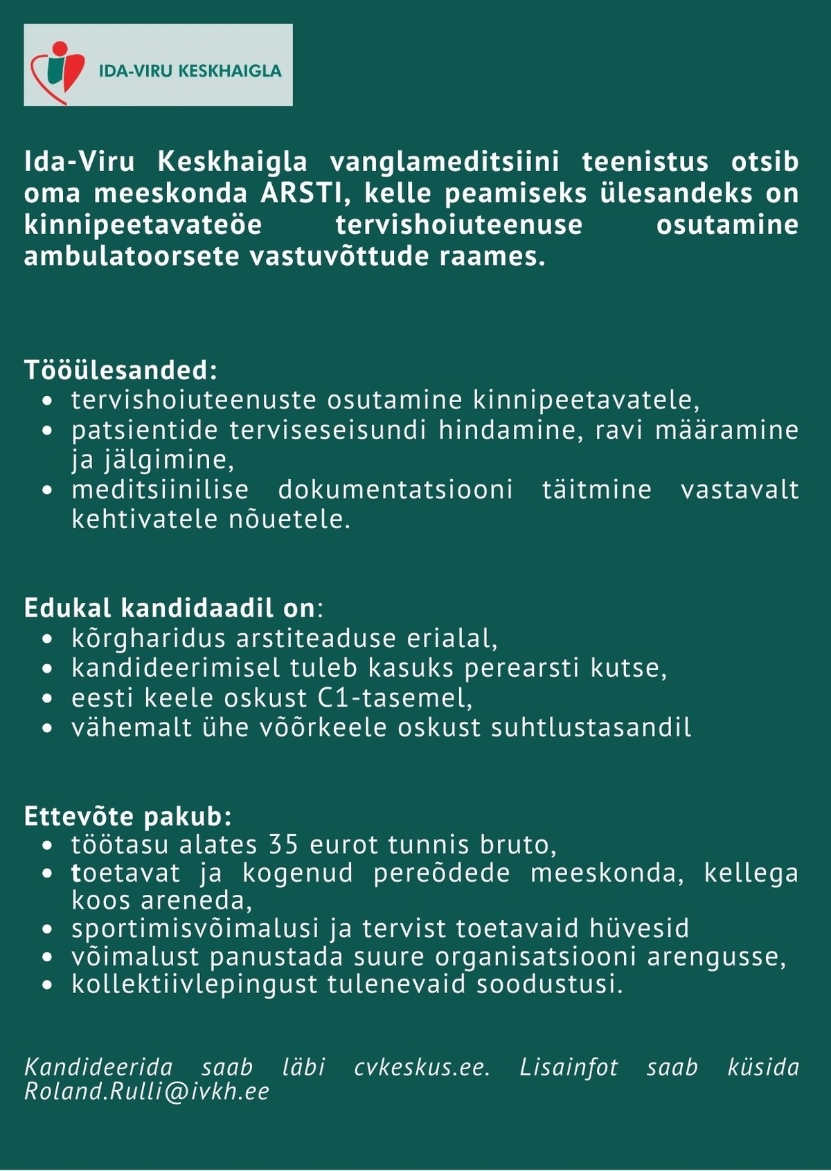 Ida-Viru Keskhaigla SA Arst vanglameditsiini teenistusse