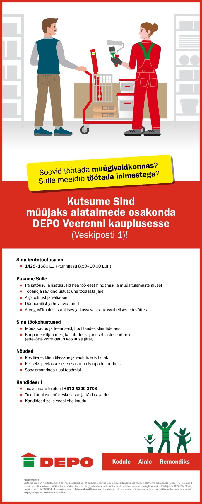 DEPO DIY EE OÜ Aiataimede osakonna müüja, Veerenni (Veskiposti 1)