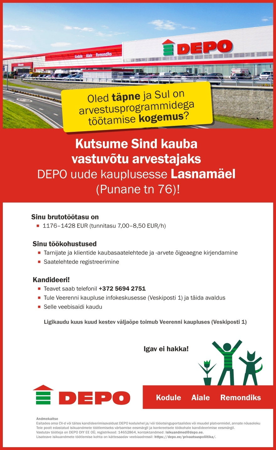 DEPO DIY EE OÜ Kauba vastuvõtu arvestaja, Lasnamäe (Punane tn 76)