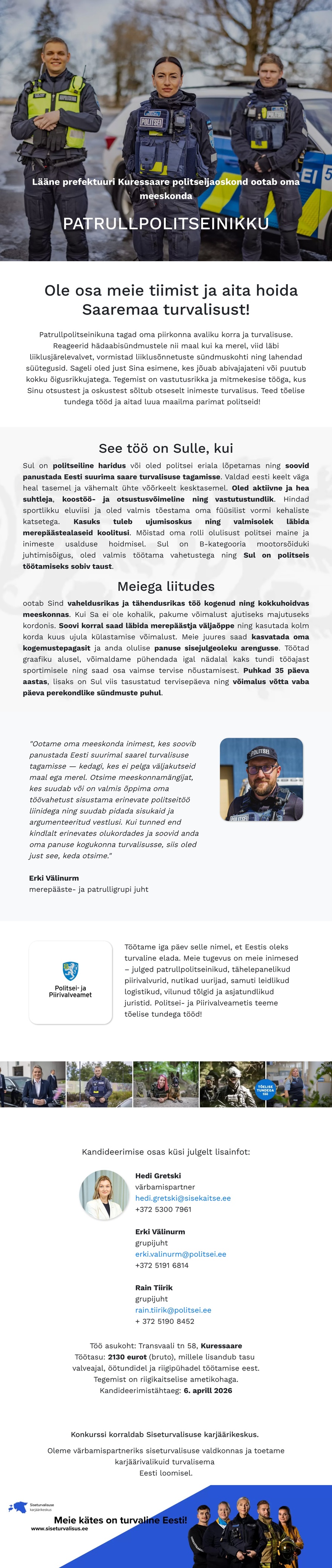 Siseturvalisuse karjäärikeskus Kuressaare merepääste- ja patrulligrupi patrullpolitseinik