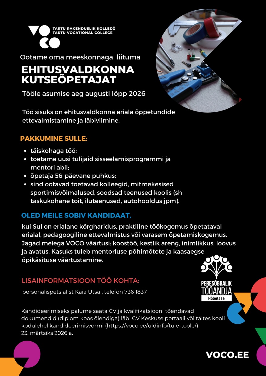 Tartu Rakenduslik Kolledž Ehitusvaldkonna kutseõpetaja