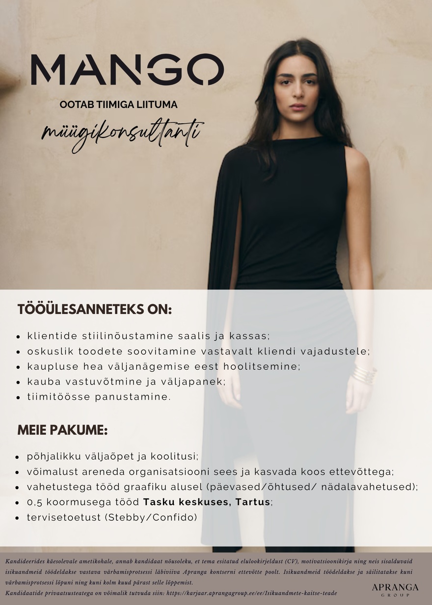 Apranga OÜ MANGO Tasku müügikonsultant