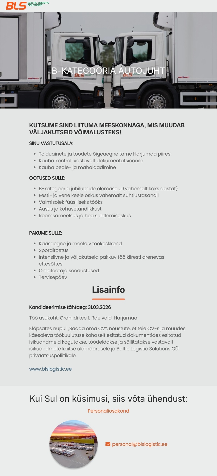 Baltic Logistic Solutions OÜ B-kategooria autojuht