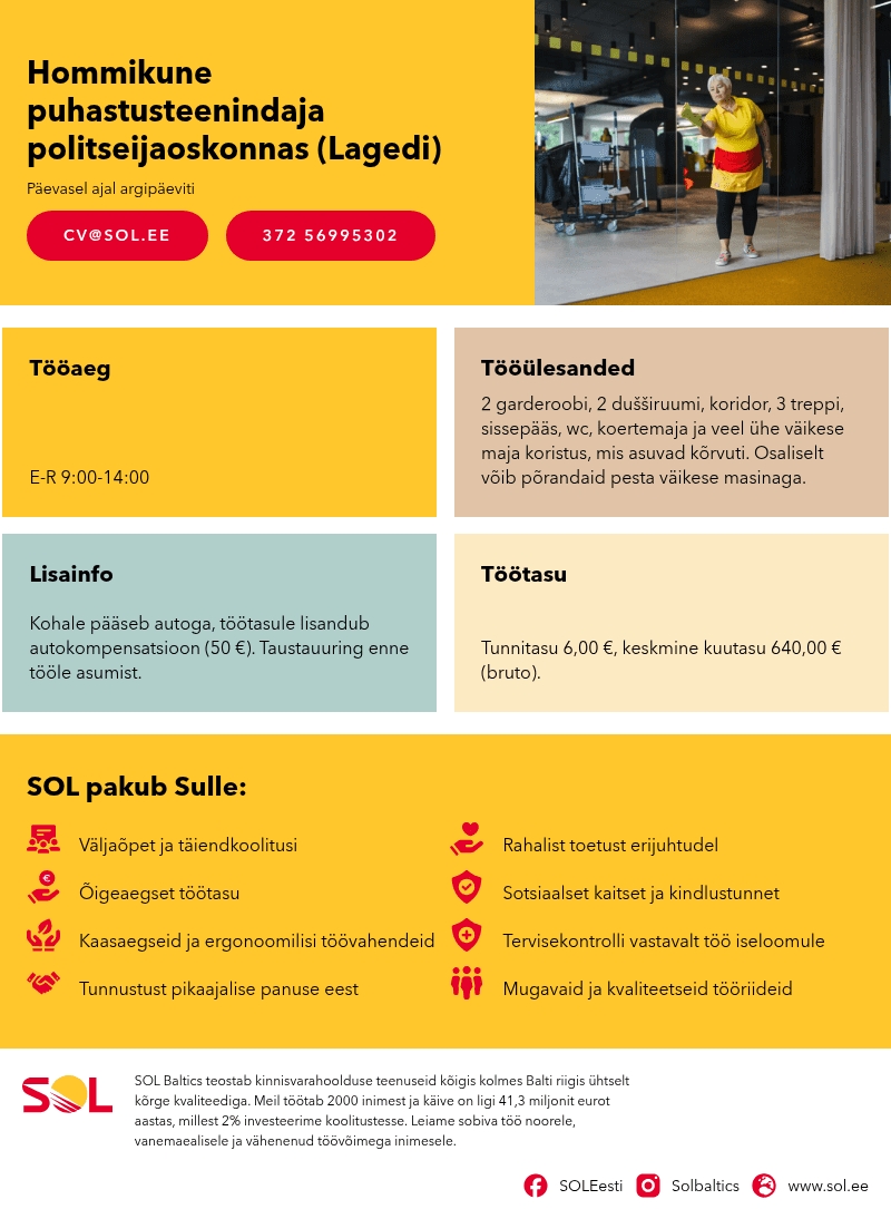 SOL Baltics OÜ Hommikune puhastusteenindaja politseijaoskonnas (Lagedi)