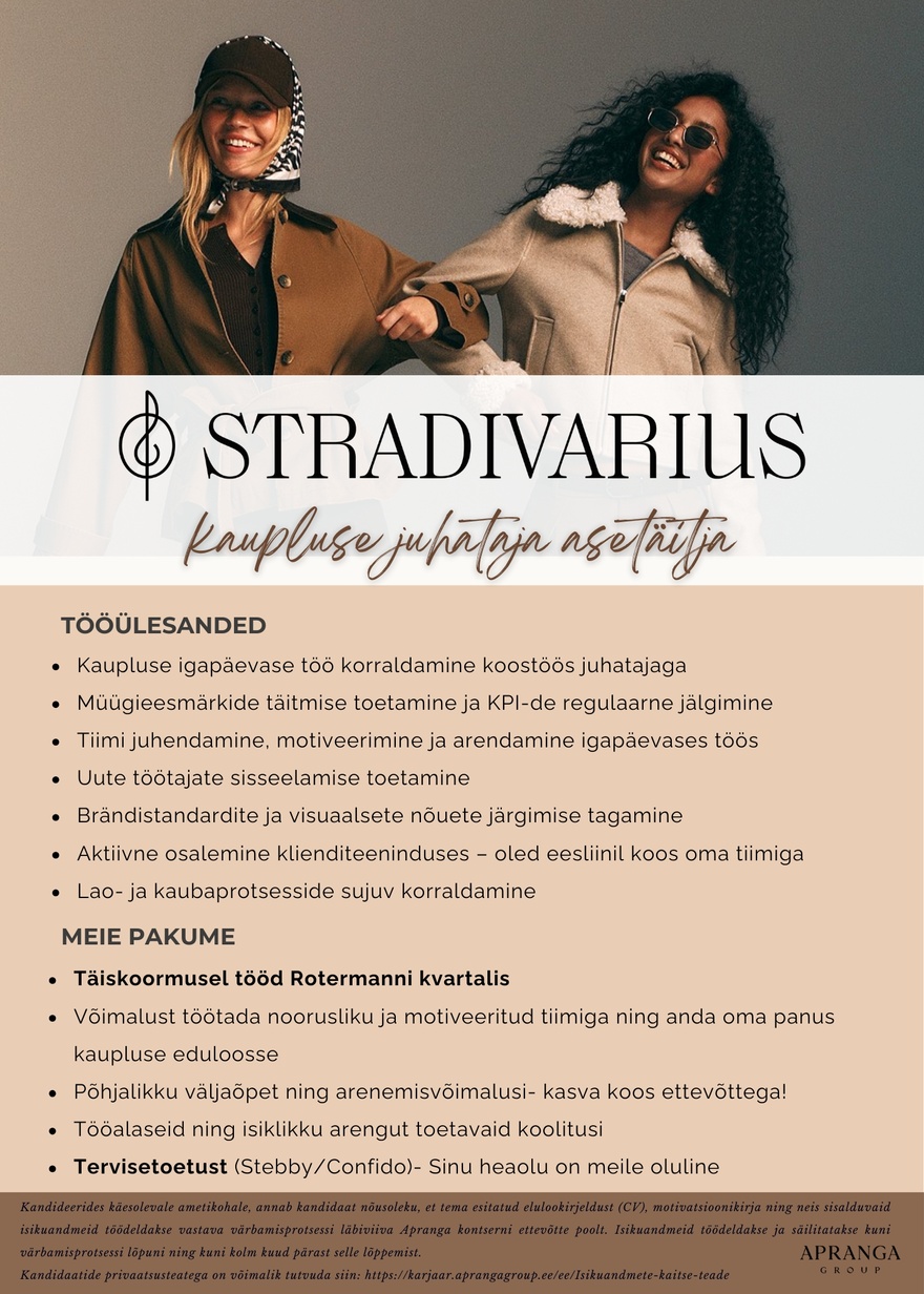 Apranga OÜ Stradivarius kaupluse juhataja asetäitja